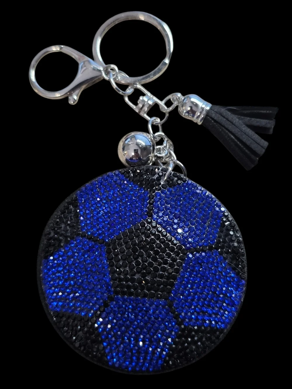 Rhinestone Soccer Ball Nag Charm Keychain with Tassel - Black & Royal Blue